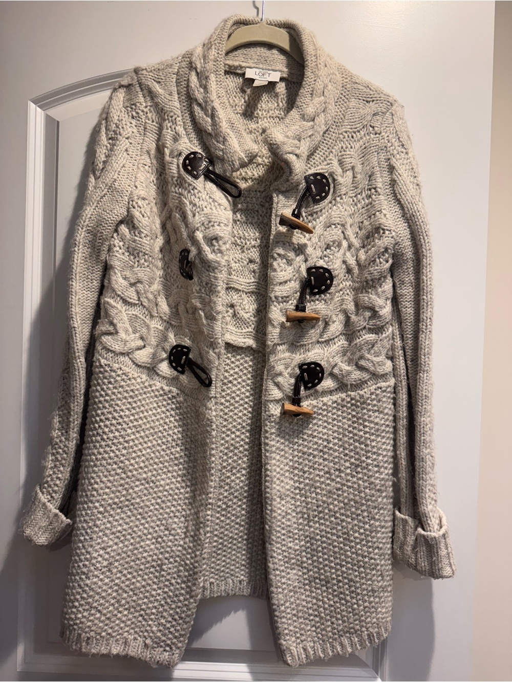 LOFT Cream Cable-Knit Toggle Cardigan